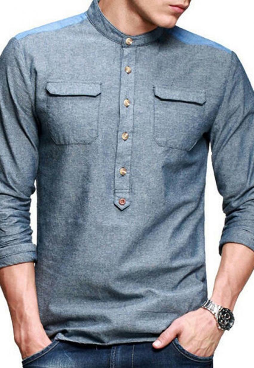 1 CLEARANCE SALE OF SHARWANI COLLAR BLUE CASUAL SHIRT in Pakistan